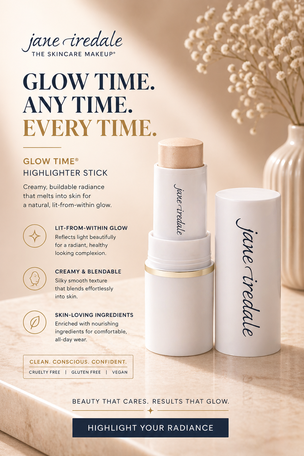 Jane Iredale Women Glow Time Highlighter Stick # Solstice (Iridescent Champagne For Fair To Dark Skin Tones) 7.5g/0.26oz