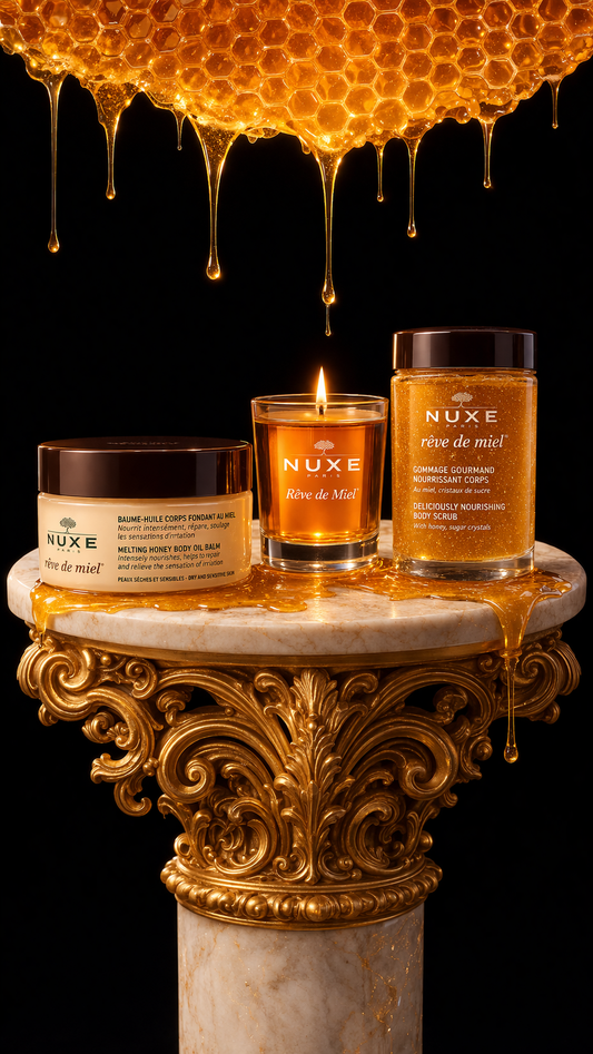 Nuxe  Honey Lover Set: Deliciously Nourishing Body Scrub 175ml + Melting Honey Body Oil Balm 200ml + Reve De Miel Indoor Candle 70g --3pcs
