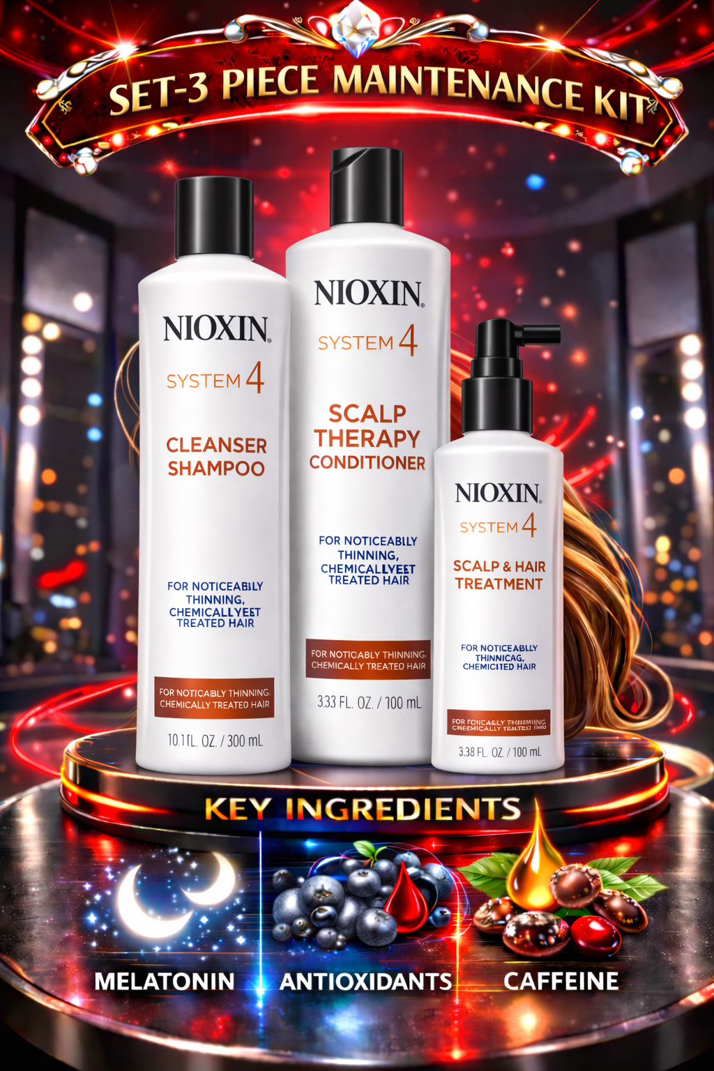 Nioxin Set-3 Piece Maintenance Kit System 4 With Cleanser 10.1 oz & Scalp Therapy 10.1 oz & Scalp Treatment 3.38 oz