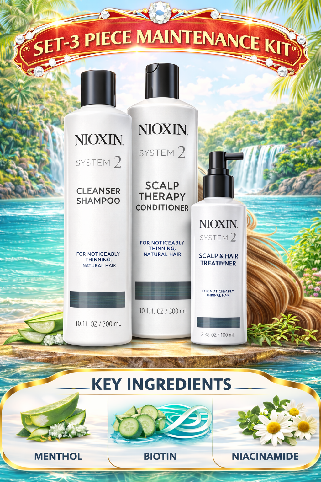 Nioxin Set-3 Piece Maintenance Kit System 2 With Cleanser 10.1 oz & Scalp Therapy 10.1 oz & Scalp Treatment 3.38 oz