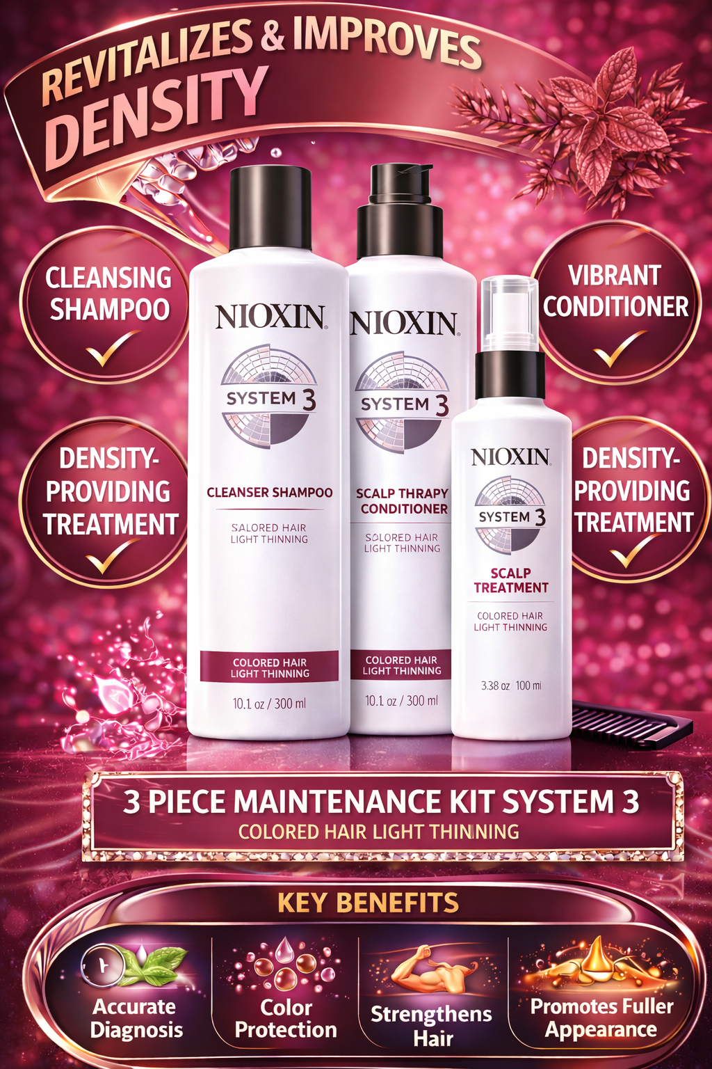 Nioxin Set-3 Piece Maintenance Kit System 3 With Cleanser 10.1 oz & Scalp Therapy 10.1 oz & Scalp Treatment 3.38 oz (Packaging May Vary)