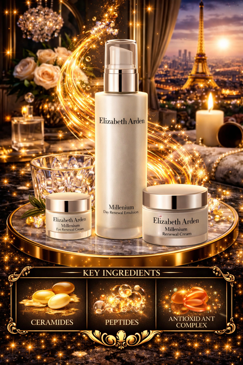 Elizabeth Arden women Millenium Set: Day Renewal Emulsion 75ml + Night Renewal Cream 50ml + Eye Renewal Cream 15ml --3pcs