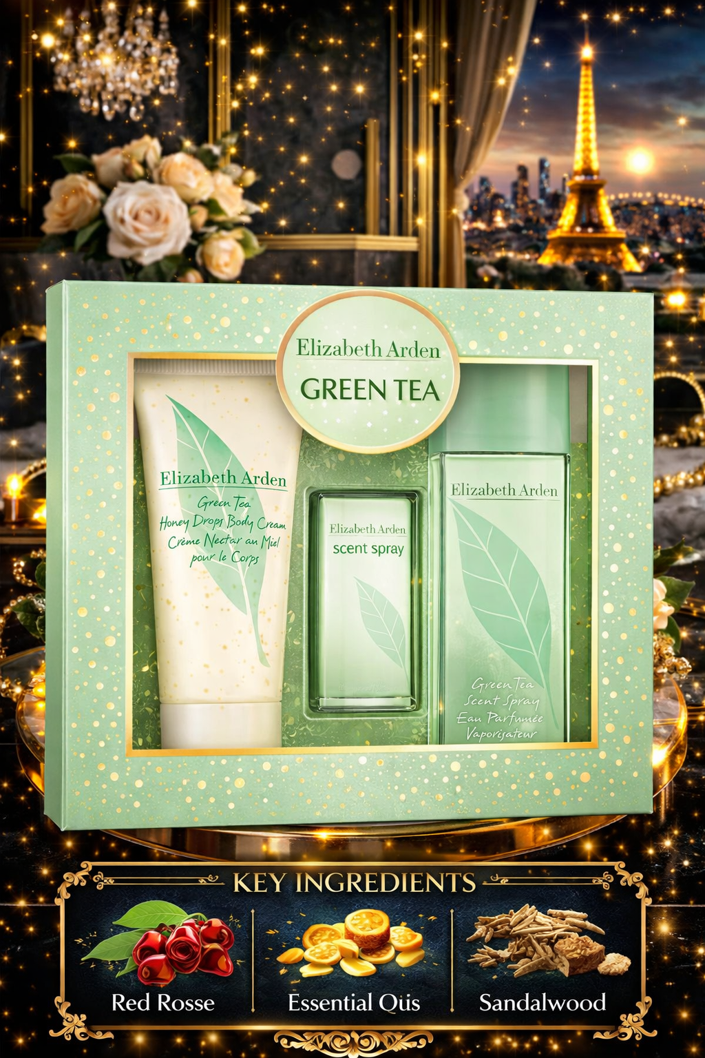 Green Tea Women Eau De Toilette Spray 3.3 oz & Honey Drops Body Cream 3.3 oz