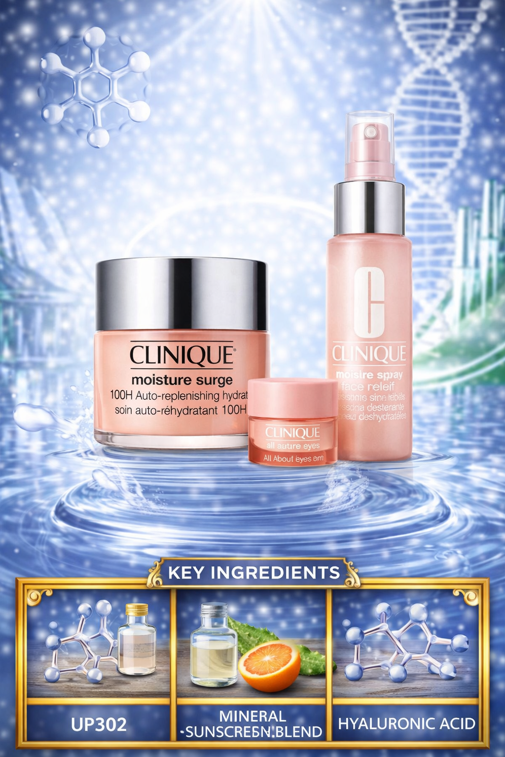 Clinique women Moisture Surge Set: Moisture Surge 100h 125ml+ All About Eyes 15ml+ Moisture Surge Face Spray Thirsty Skin Relief 30ml --3pcs