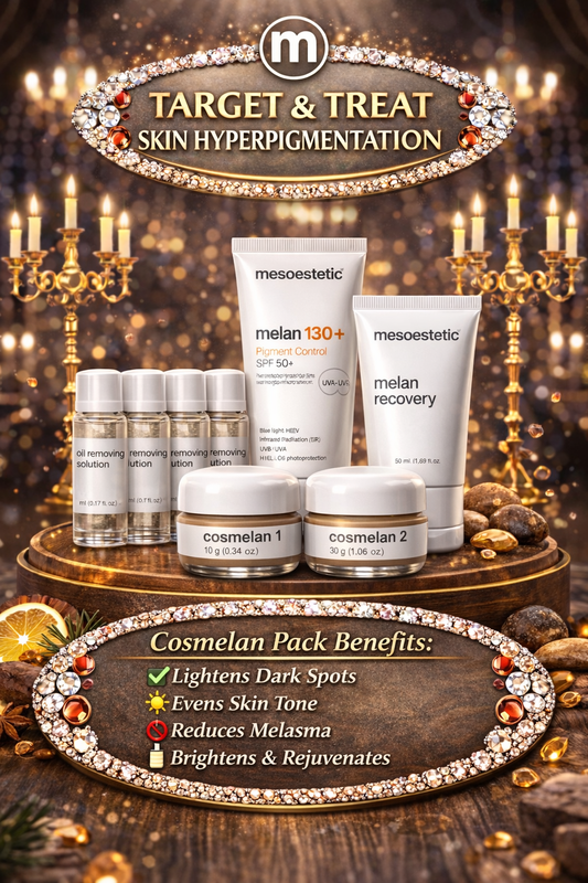 Mesoestetic Cosmelan Pack: Melan Recovery 50ml + Melan 130 50ml + Cosmelan 1 10g + Cosmelan 2 30g + Oil Removing Solution --5pcs