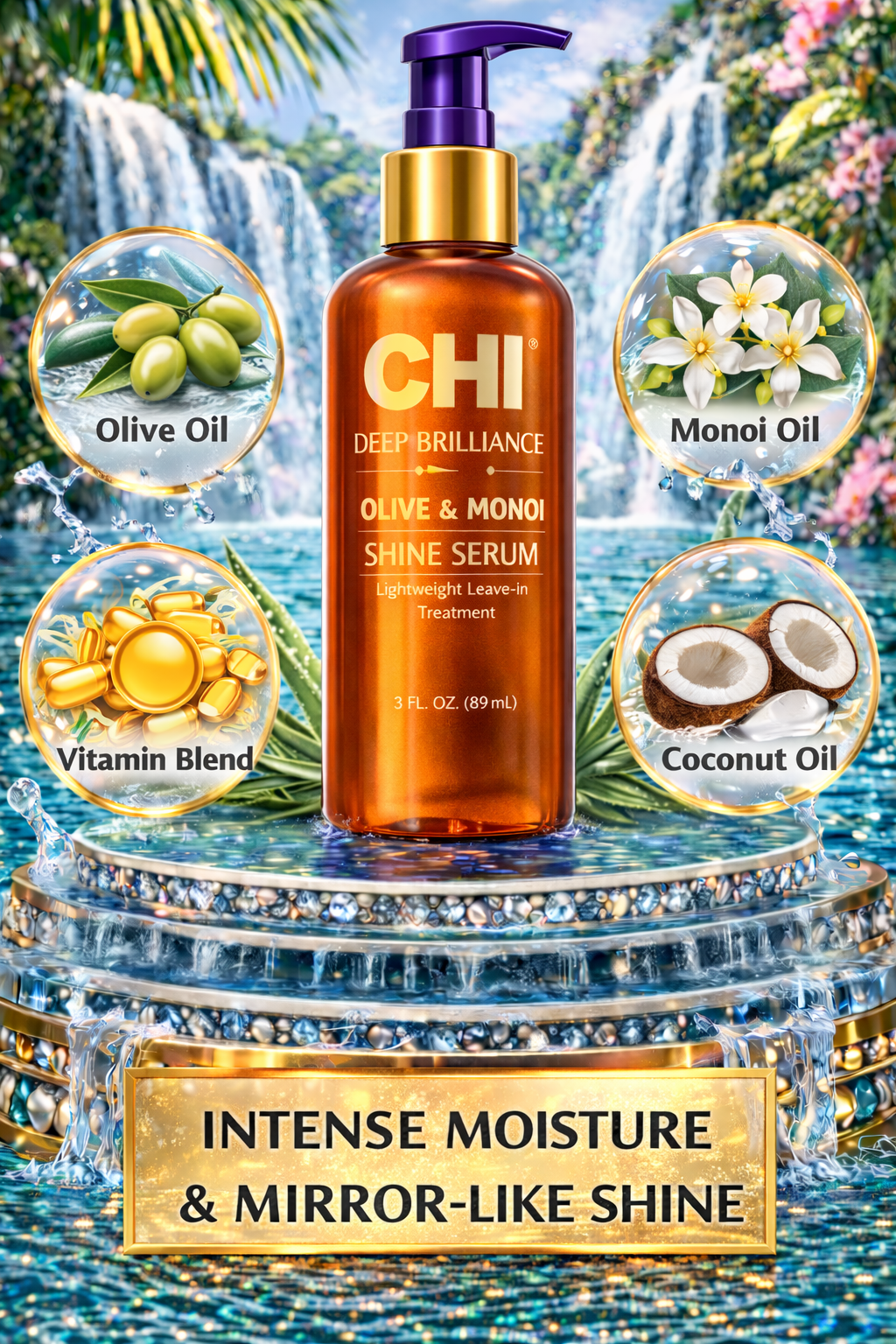 Chi Deep Brilliance Olive & Monoi Shine Serum Lightweight Leave-In Treatment 3 oz