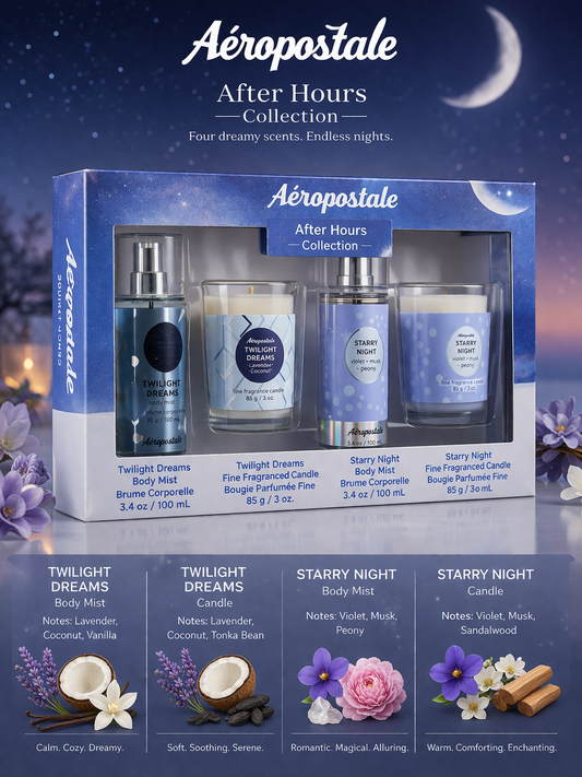Aeropostale Variety After Hours Collection With Twilight Dreams Body Mist 3.4 oz & Twilight Dreams Candle 3 oz & Starry Night Body Mist 3.4 oz & Starry Night Candle 3 oz