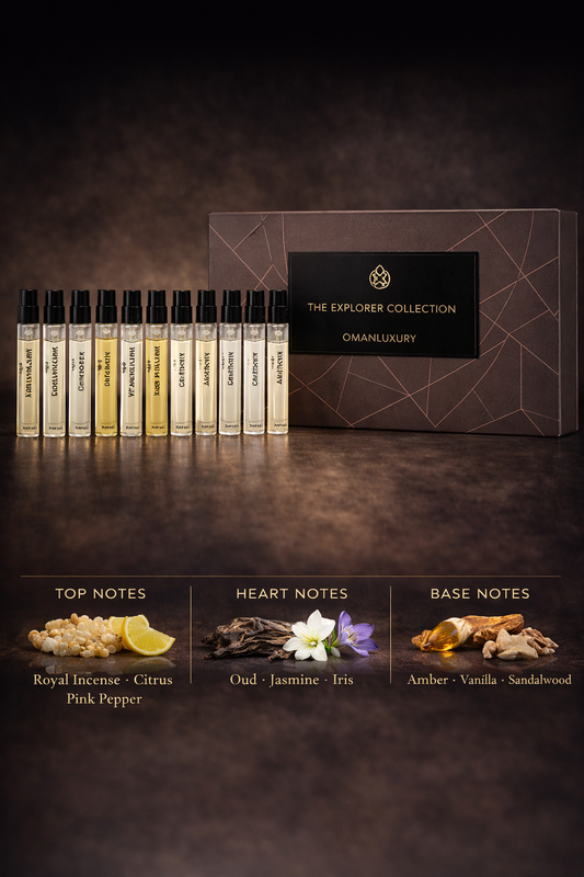 Omanluxury The Explorer Collection With Royal Incense & Oud Aquilaria & Belfiore & Paramour & Overdose & Wanderlust & Serenity & Flowerlush & Voyage & Khanjar & Mariya & Zafar & Angham & Dejan And All Are Eau De Parfum Spray 0.07 oz Minis