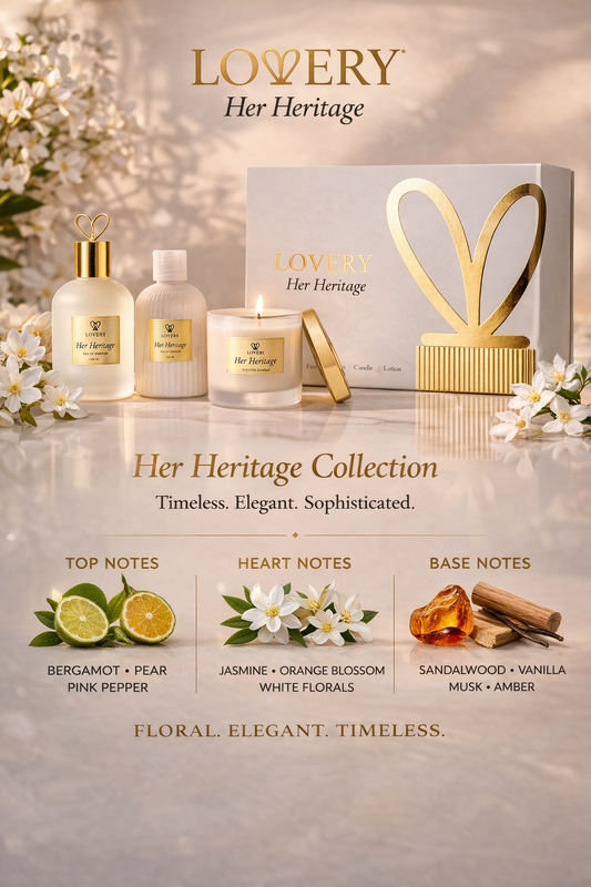 Lovery Her Heritage Eau De Parfum Spray 3.4 oz & Body Lotion 3.4 oz & Candle 4.5 oz