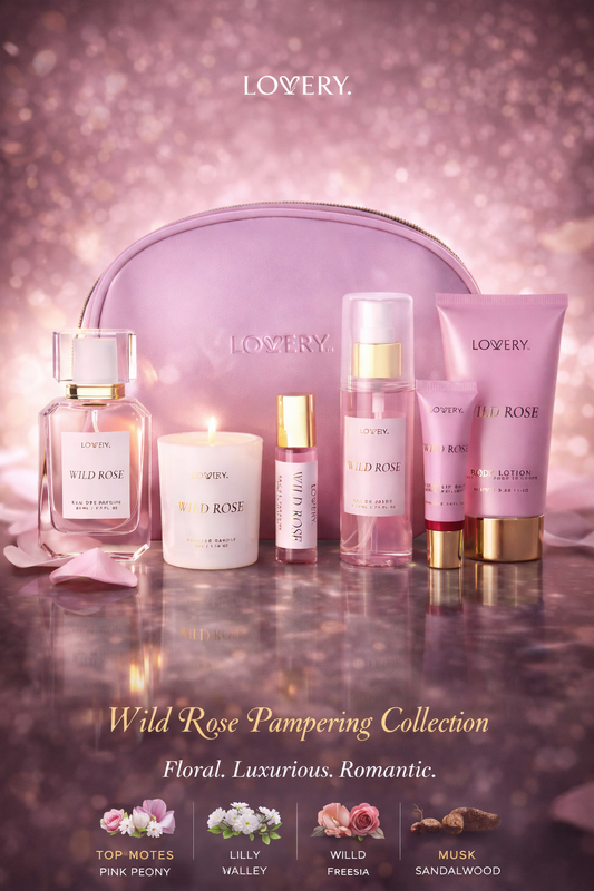 Lovery Wild Rose Parfum Spray 1.7 oz & Body Lotion 3.4 oz & Body Mist 2.7 oz & Candle 1.7 oz & Parfum Roll-On 0.34 oz Mini & Lip Balm 0.34 oz & Bag