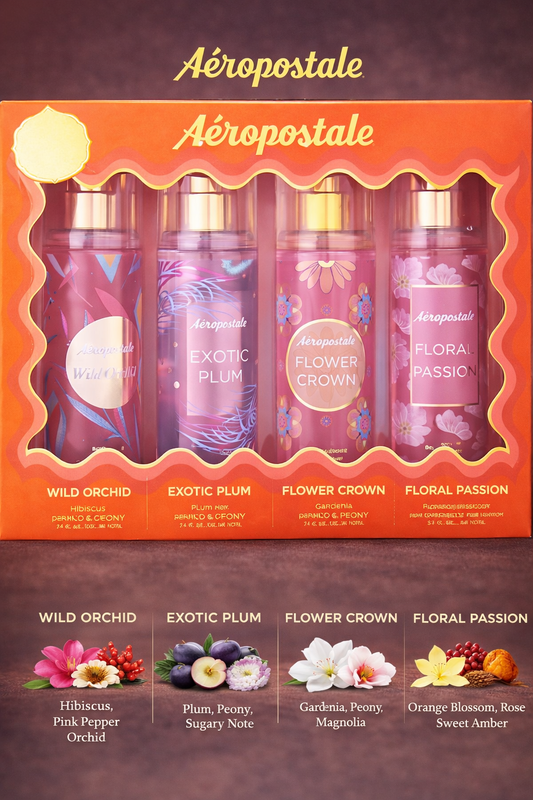 Aeropostale Blooming Perfume Set Blooming Set With Exotic Plum & Floral Passion & Flower Crown & Wild Orchid And All Are Body Mist 3.4 oz