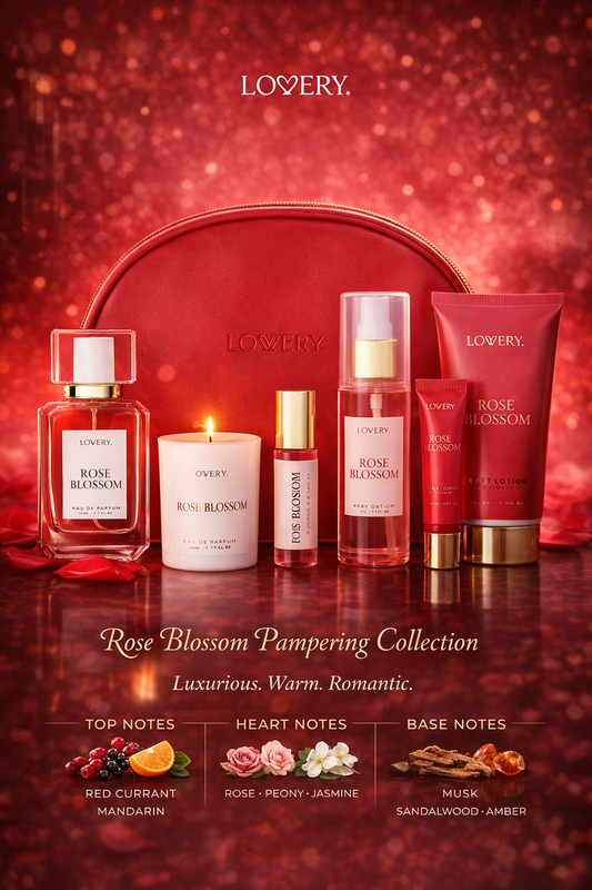 Lovery Rose Blossom Parfum Spray 1.7 oz & Body Lotion 3.3 oz & Body Mist 2 oz & Parfum Roll-On 0.34 oz Mini + Scented Candle 1.7 oz & Lip Balm 0.34 oz & Bag