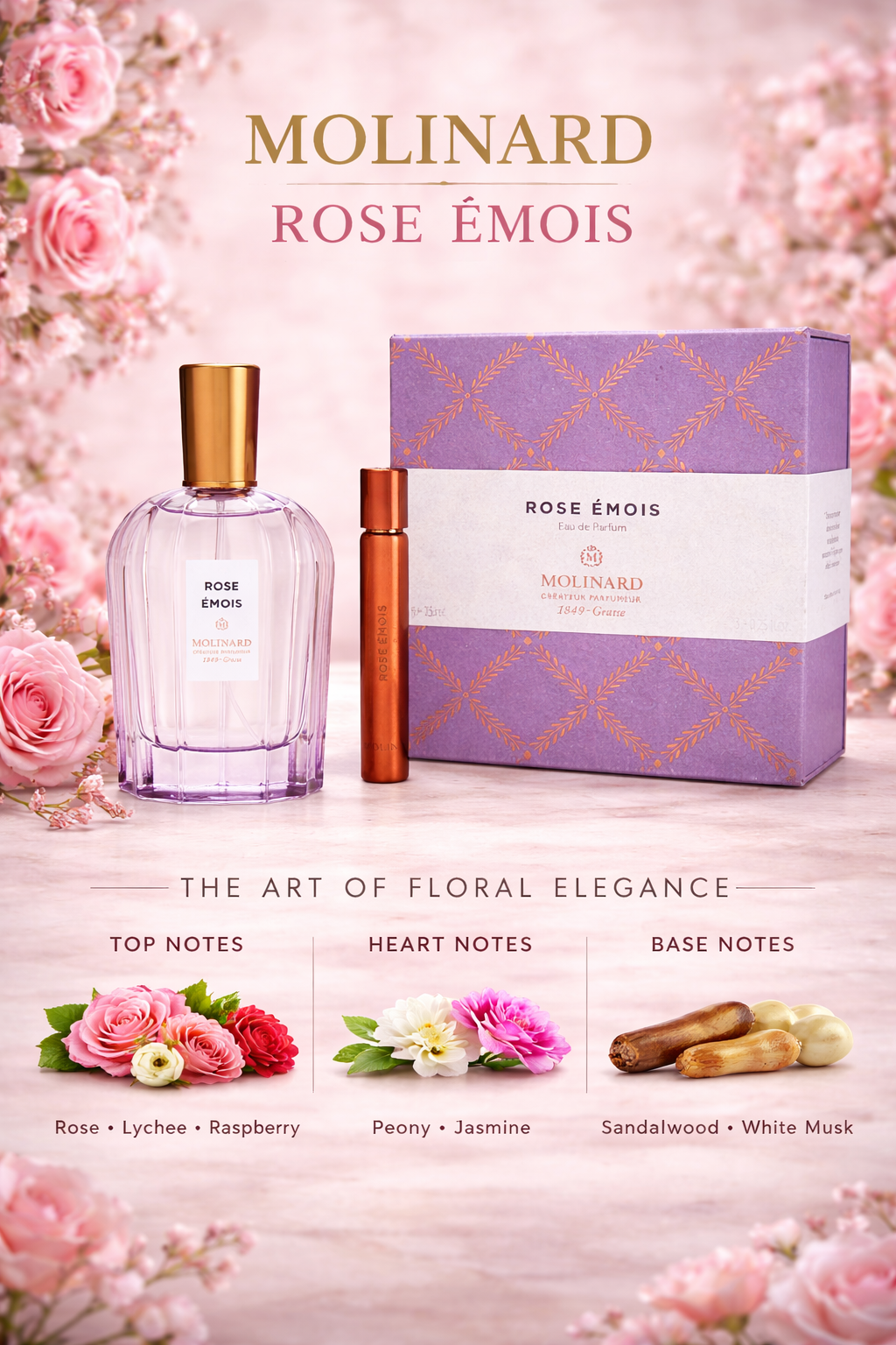 Molinard Rose Emois  Eau De Parfum Spray 3 oz & Eau De Parfum Roll-On 0.25 oz