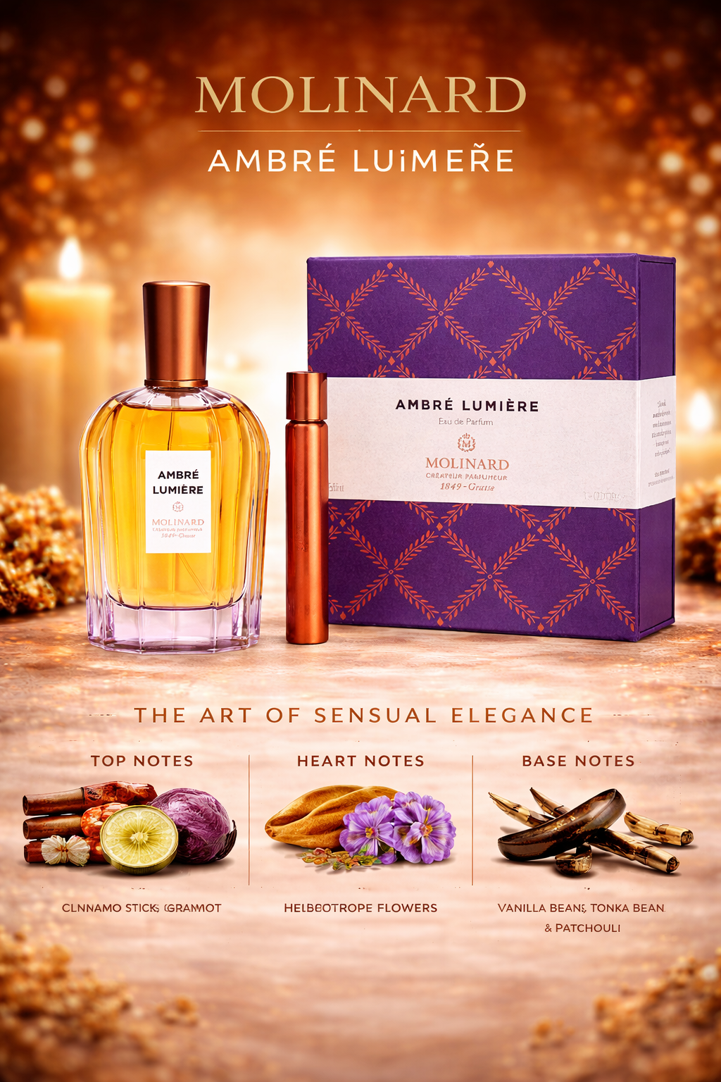 Molinard Ambre Lumiere  Eau De Parfum Spray 3 oz & Eau De Parfum Roll-On 0.25 oz Mini