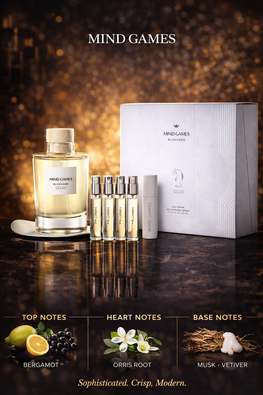 Mind Games Blockade Extrait De Parfum Decanter 7.6 oz & 4x Refillable Spray Vials 0.25 oz & Atomizer Case