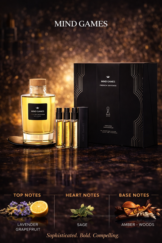 Mind Games French Defense  Extrait De Parfum Decanter 7.6 oz & 4x Refillable Spray Vials 0.25 oz & Atomizer Case