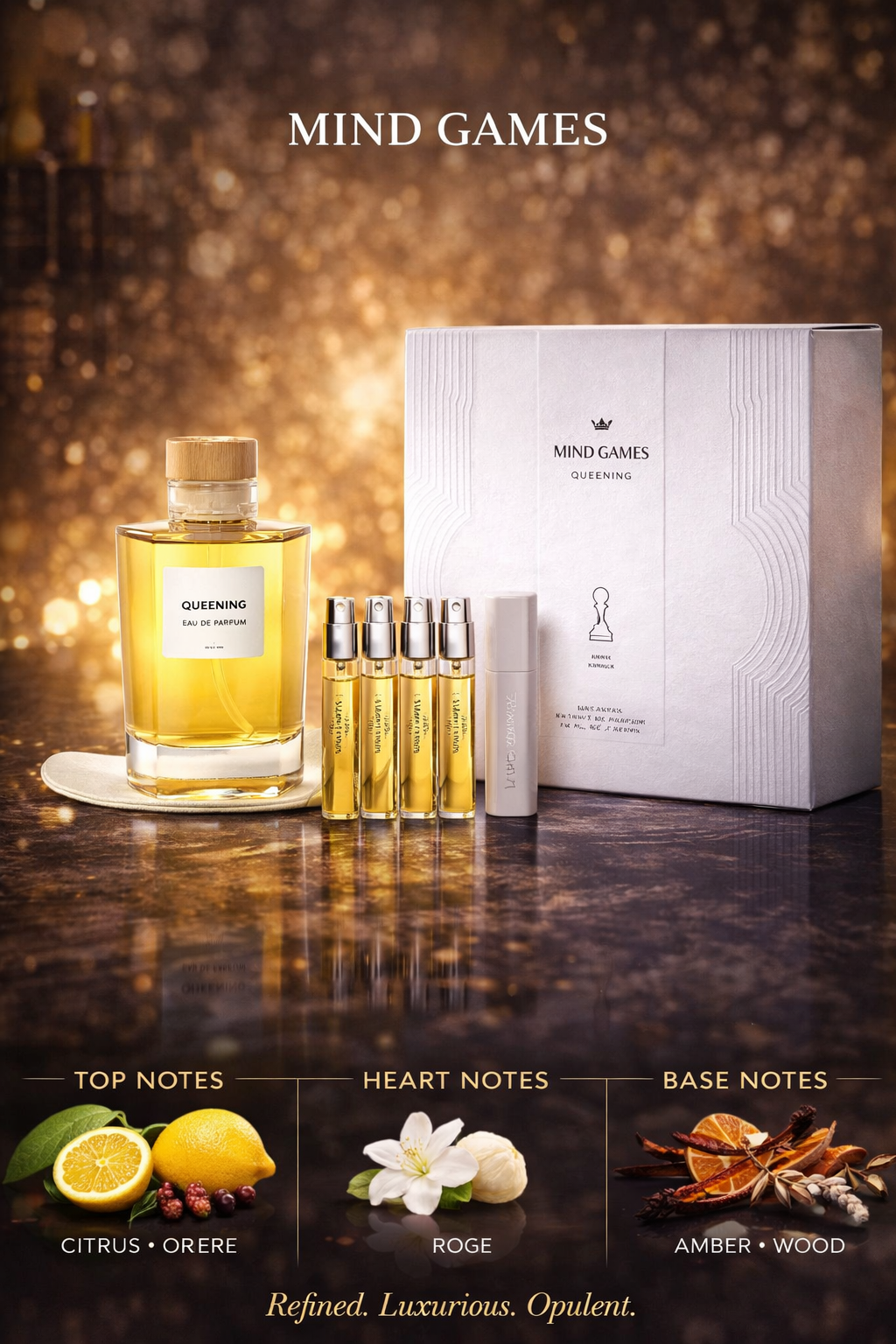 Mind Games Queening  Extrait De Parfum Decanter 7.6 oz & 4x Refillable Spray Vials 0.25 oz & Atomizer Case