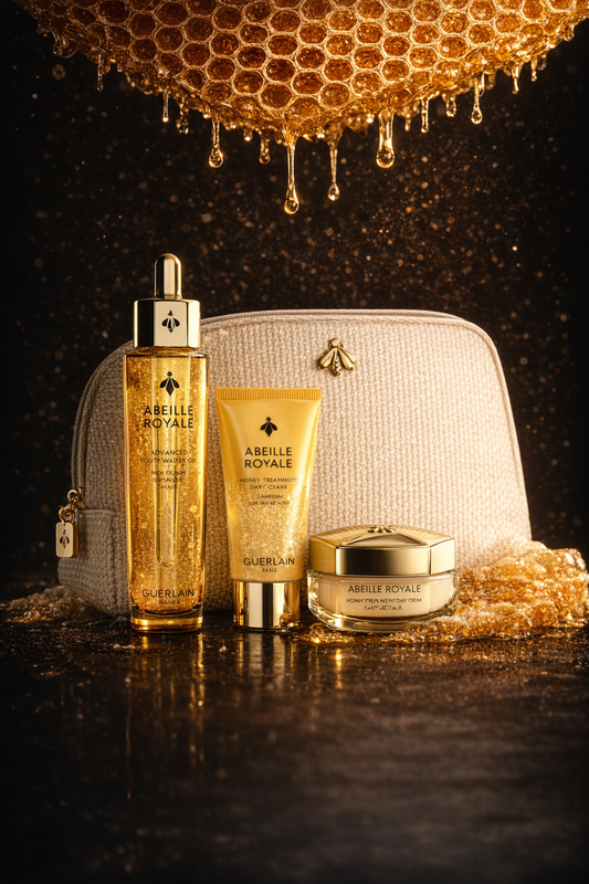 Guerlain  Abeille Royale Skincare Set: Abeille Royale Youth Watery Oil Serum 1.69oz + Honey Treatment Day Cream 0.5oz + Cleanser 1.35oz --3pcs + Pouch