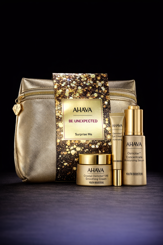 Ahava Be Unexpected Surprise Me Set: Ostomer Contentrate Moisturizing Serum 30ml + Illumnating Eye Serum 15ml + Crystal Ostomer Smoothing Cream 50ml + Extreme Day Cream 3ml --4pcs