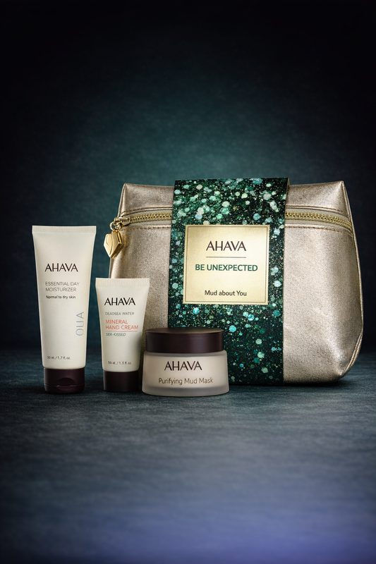 Ahava Be Unexpected Mud About You Set: Time To Hydrate Essential Day 50ml+ Time To Clear Purifying Mud Mask 100ml + Deadsea Water Mineral Hand Cream 40ml --3pcs