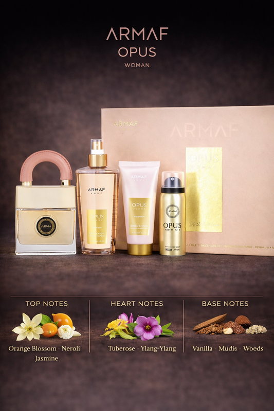 Armaf Opus women Eau De Parfum Spray 3.4 oz & Perfume Body Spray 1.7 oz & Fragrance Body Spray 8.4 oz & Body Lotion 3.4 oz
