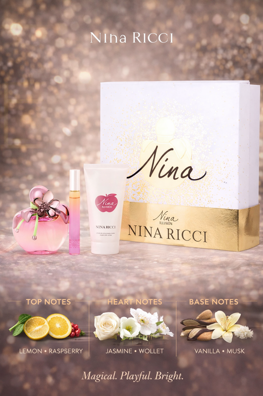 Nina Illusion Trio Eau De Parfum Spray 2.7 oz & Body Lotion 2.5 oz & Eau De Parfum Spray 0.33 oz Mini