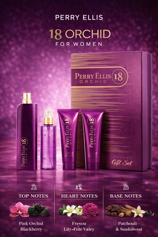 Perry Ellis 18 Orchid Set Eau De Parfum Spray 3.4 oz & Body Mist 4 oz & Body Lotion 3 oz & Shower Gel 3 oz