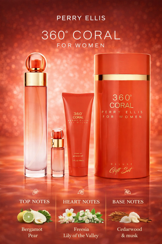Perry Ellis 360 Coral  Eau De Parfum Spray 3.4 oz & Shower Gel 3 oz & Eau De Parfum Spray 0.25 oz Mini
