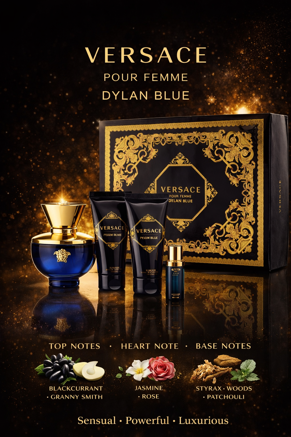 Versace Dylan Blue Trio Eau De Parfum Spray 1.7 oz & Body Lotion 1.7 oz & Shower Gel 1.7 oz