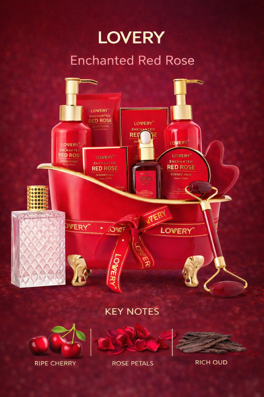 Lovery Red Rose  Eau De Parfum Spray 2.5 oz & Shower Gel 5 oz & Bubble Bath 5 oz & Body Scrub 1.69 oz & Bath Salt 3.5 oz & Mud Mask 3.38 oz Bath Oil 1 oz & Face Roller & Gua Sha Stone & Red Tub & Gift Note