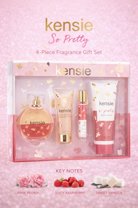 Kensie So Pretty Eau De Parfum Spray 3.4 oz & Body Lotion 6.8 oz & Body Glow Oil 2.5 oz & Eau De Parfum Spray 0.33 oz Mini