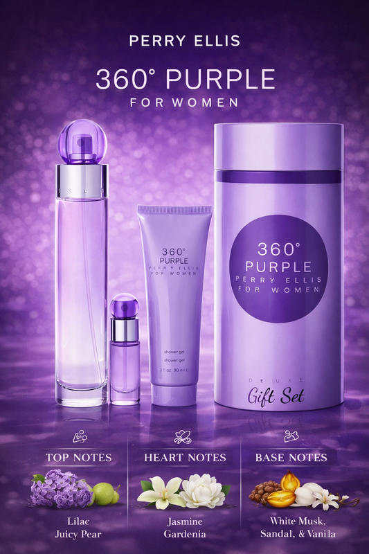 Perry Ellis 360 Purple Eau De Parfum Spray 3.4 oz & Shower Gel 3 oz & Eau De Parfum Spray 0.25 oz Mini
