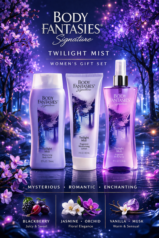Body Fantasies Twilight Body Spray 8 oz & Body Lotion 7 oz & Body Wash 12 oz