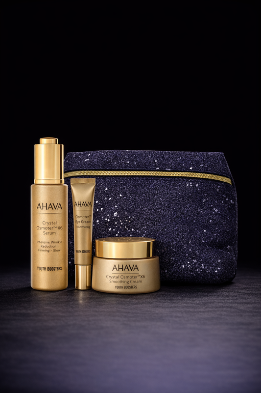 Ahava Glow & Beyond Trio: Crystal Osmoter X6 Smoothing Cream 50ml + Crystal Osmoter X6 Serum 30ml + Osmoter Illuminating Eye Serum 15ml --3pcs