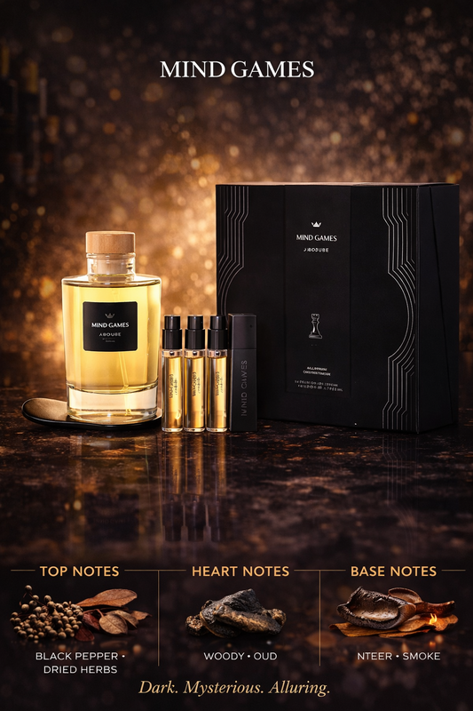 Mind Games J'Adoube Parfum Set Extrait De Parfum Decanter 7.6 oz & 4x Refillable Spray Vials 0.25 oz & Atomizer Case