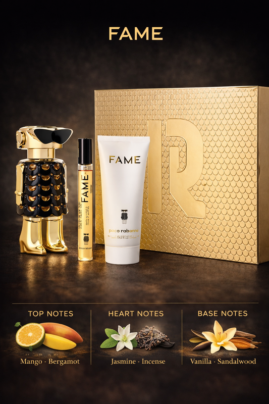 Paco Rabanne Fame Set Parfum Spray 2.7 oz & Body Lotion 3.4 oz & Eau De Parfum Spray 0.34 oz Mini