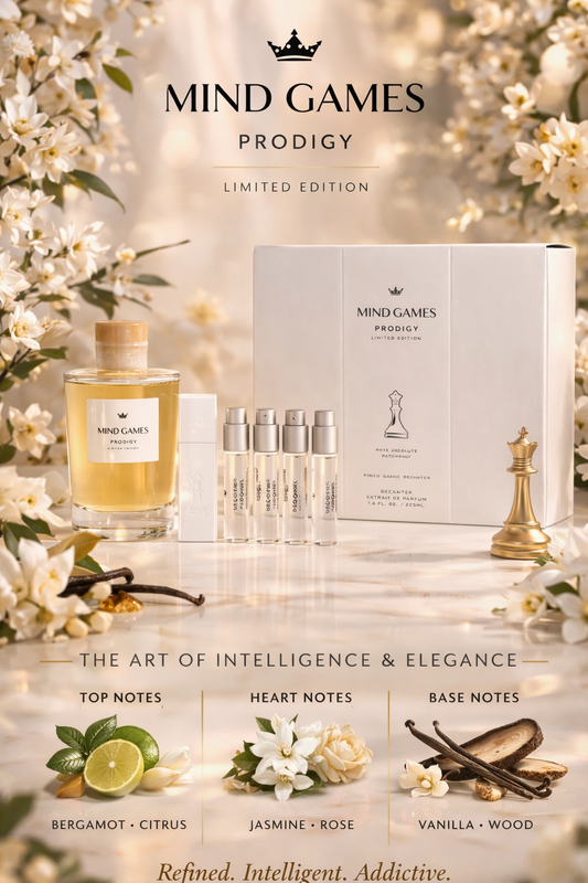 Mind Games Prodigy Extrait De Parfum Decanter 7.6 oz & 4x Refillable Spray Vials 0.25 oz & Atomizer Case (Limited Edition)