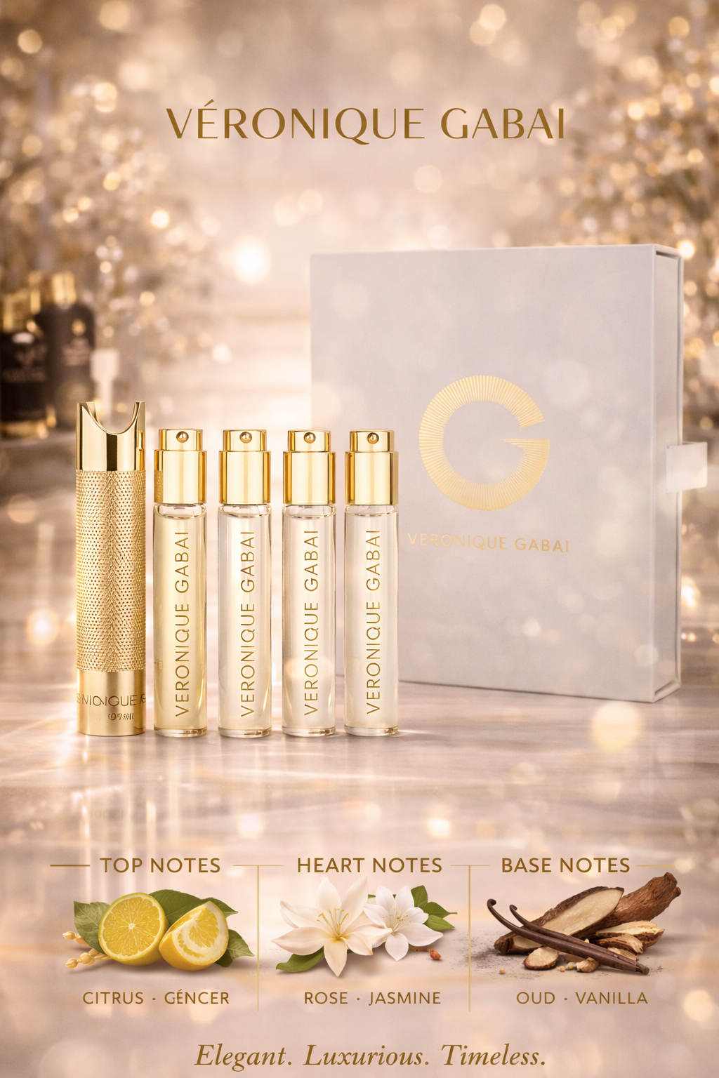 Veronique Gabai Traveler Perfume Set The Collection Traveler Set With Delices Des Bois & Eau De La Nuit & Le Point G & Noire De Mai & Oud Elixir And All Are Eau De Parfum Spray 0.34 oz Minis & Metal Case