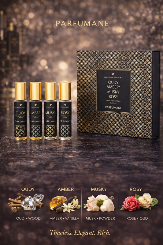 Parfumane Parfum Travel Collection Traditional Essentials Set With Ambery & Musky & Oudy & Rosy And All Are Extrait De Parfum Spray 0.67 oz